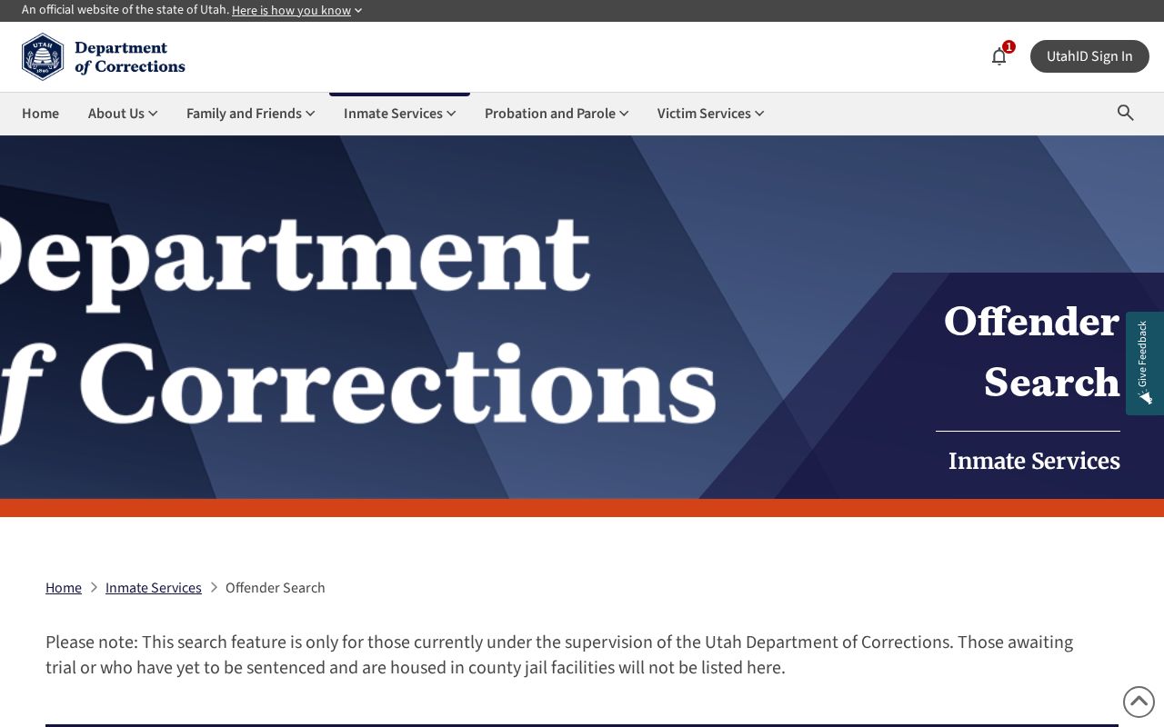 Utah Department of Corrections offender search interface