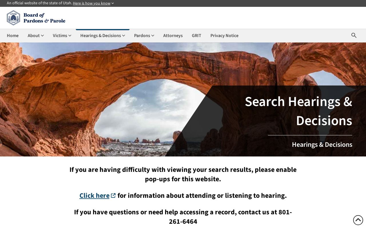 Duchesne County parole decision and hearing search controls