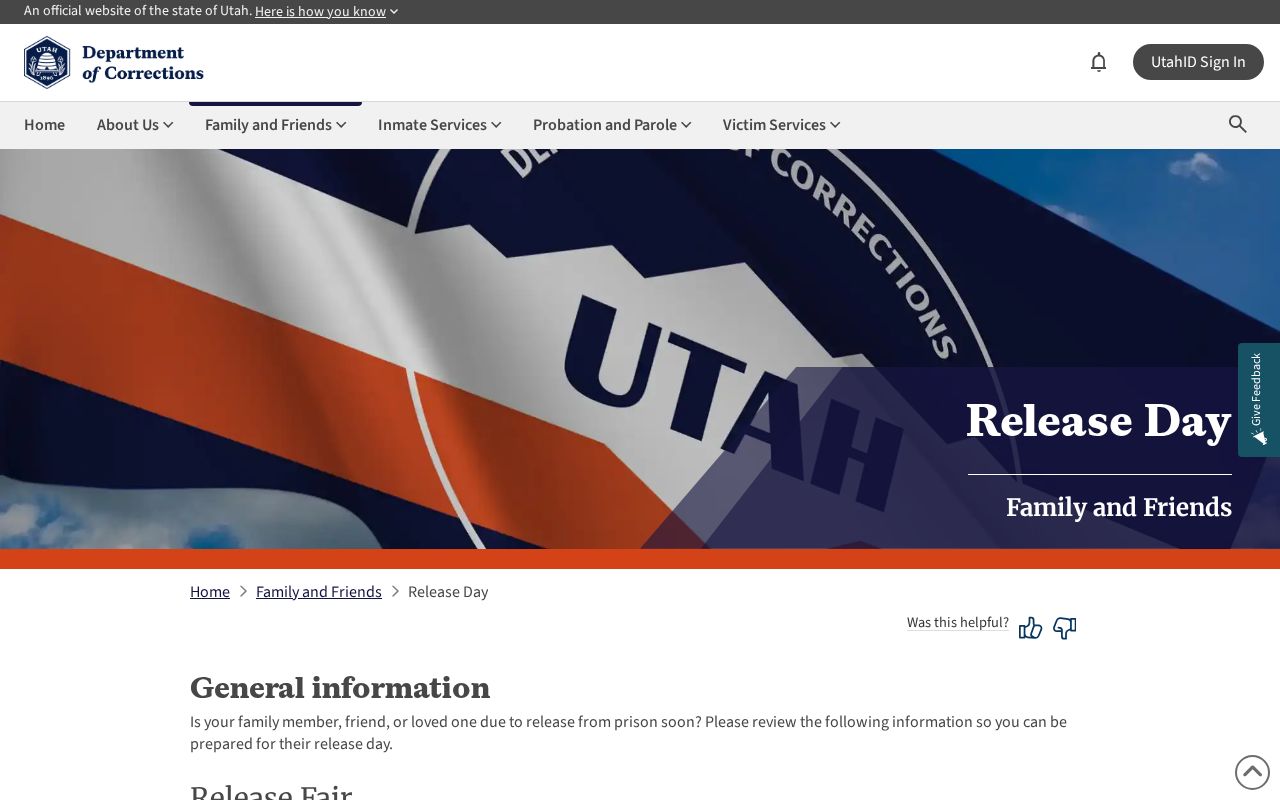 UDC release-day information for a Duchesne County state prisoner